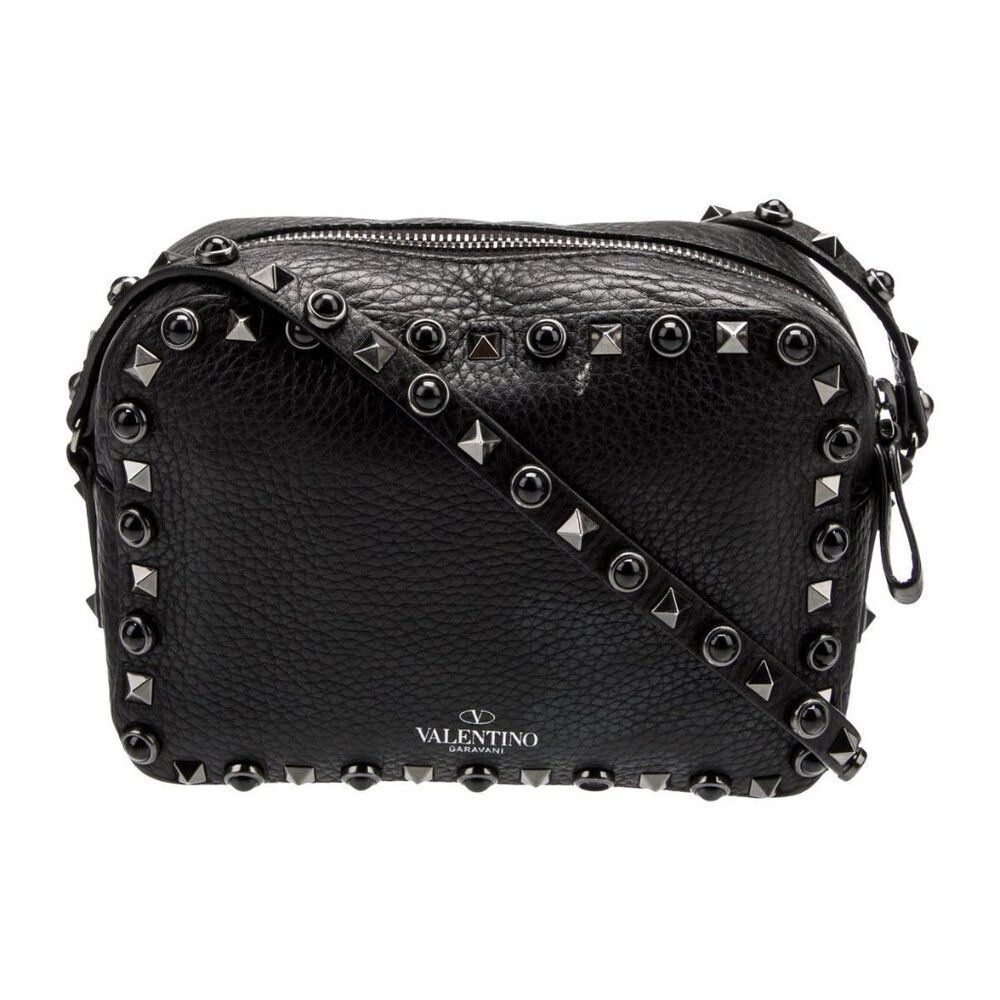 Valentino Garavani Rolling Rockstud Black Leather Crossbody Camera Bag